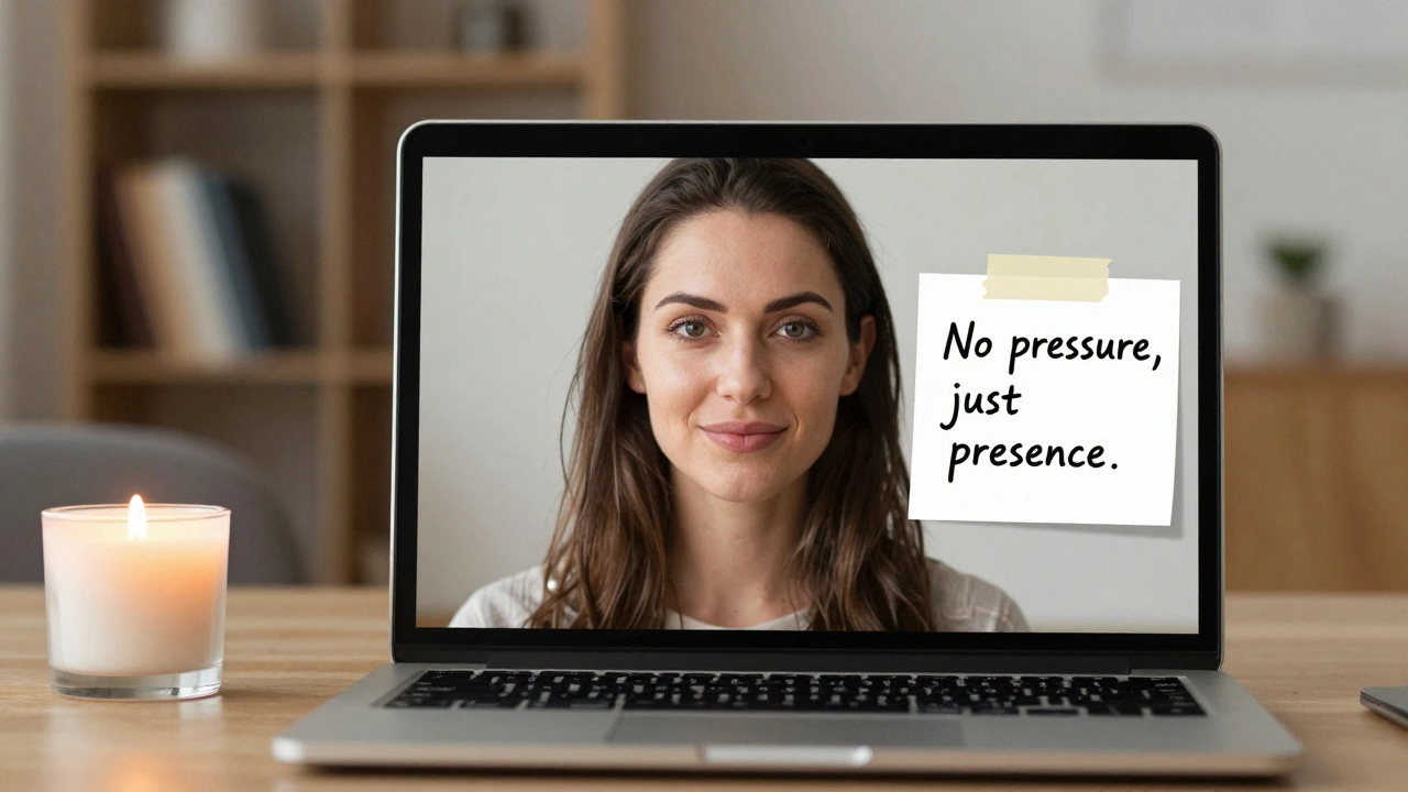 A genuine escort profile on a laptop showing a natural photo and handwritten note: &#039;No pressure, just presence.&#039;