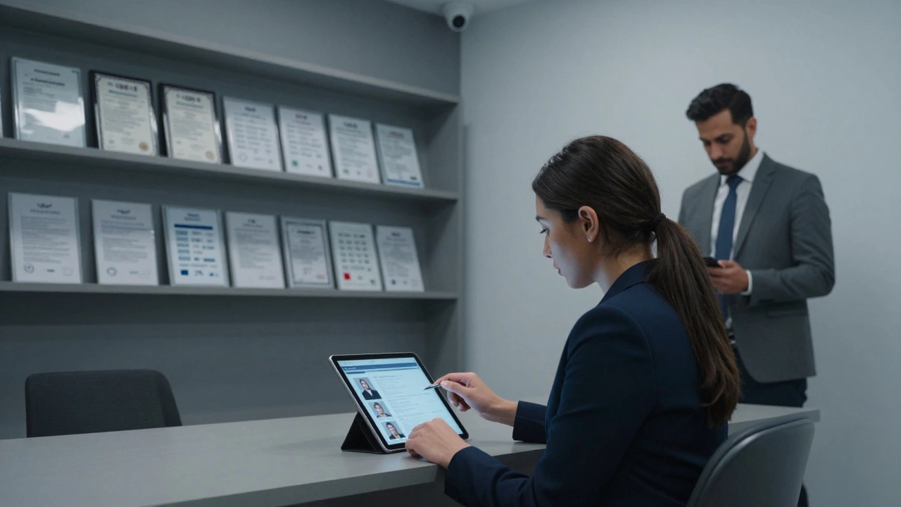 A professional escort agency office with staff reviewing client profiles and safety protocols.