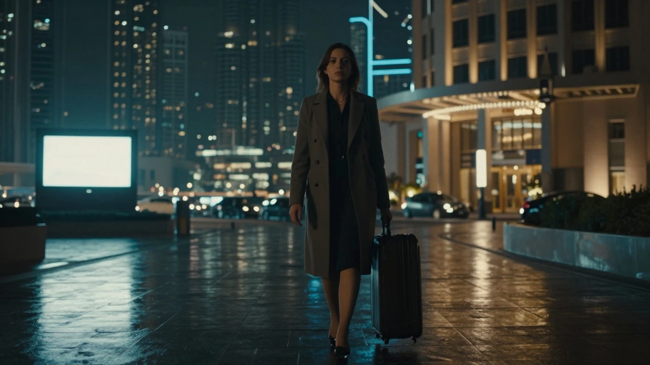 A woman walking alone at night from a Dubai hotel, suitcase in hand, city lights glowing behind her.