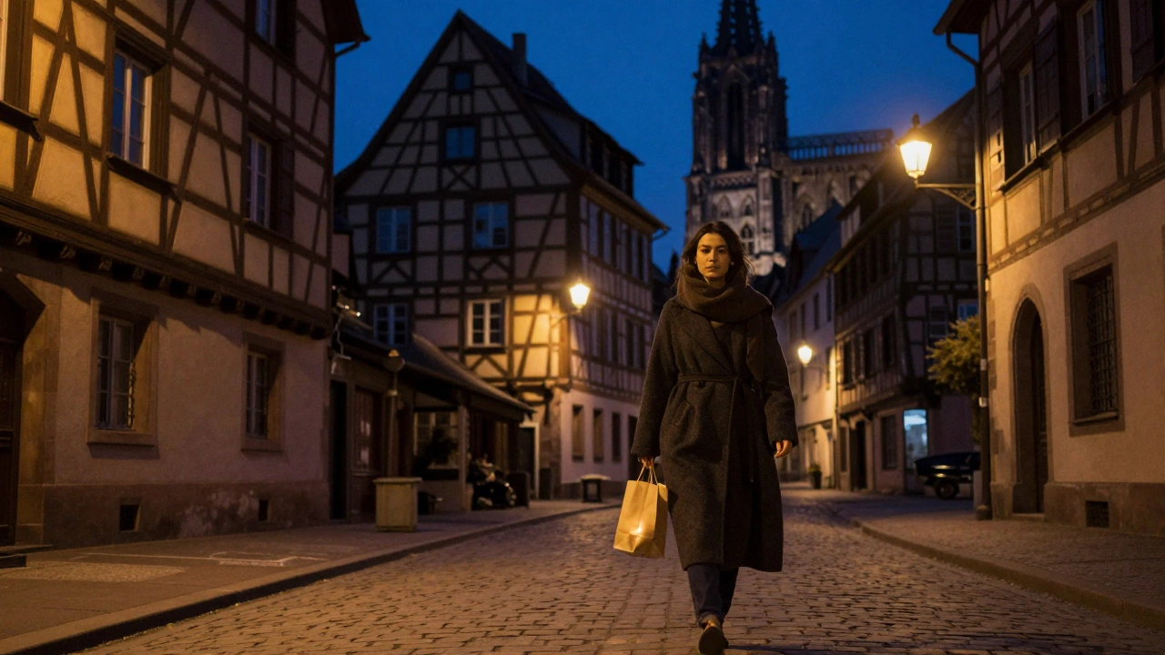 A woman walking alone at night in Strasbourg, carrying a candle, under historic half-timbered buildings.